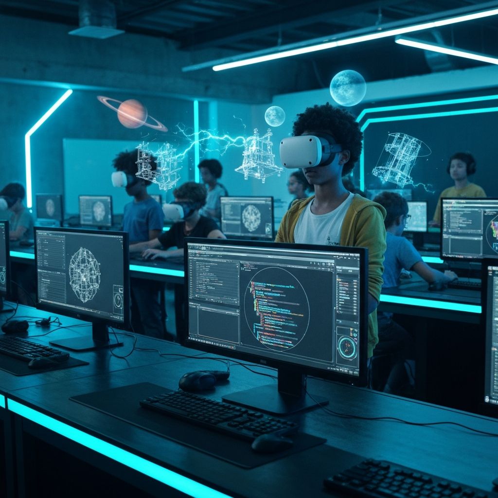 Children learning technology in a modern classroom